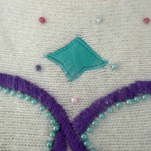 Vintage 80s Pastel Angora Geometric Sweater Cream Ivory Large - Picture 8 of 12